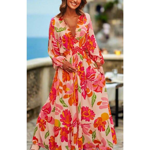 Gold & Silver Paris Maxi Floral Cotton Dress Flare M/L A001828 - Picture 1 of 9